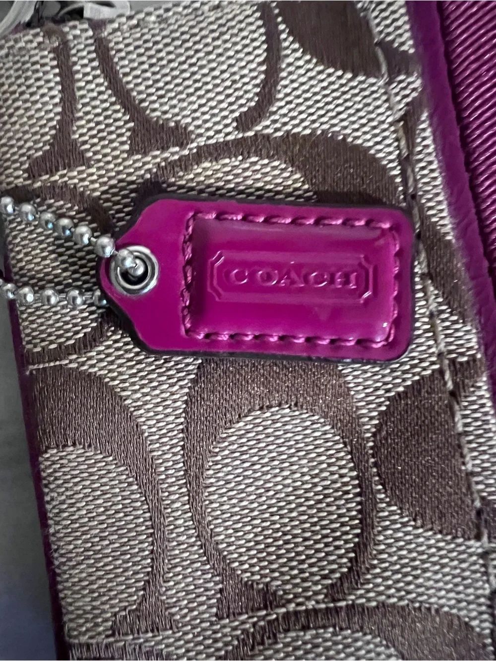 Coach Tan Signature Canvas Wristlet Khaki and Passion Berry